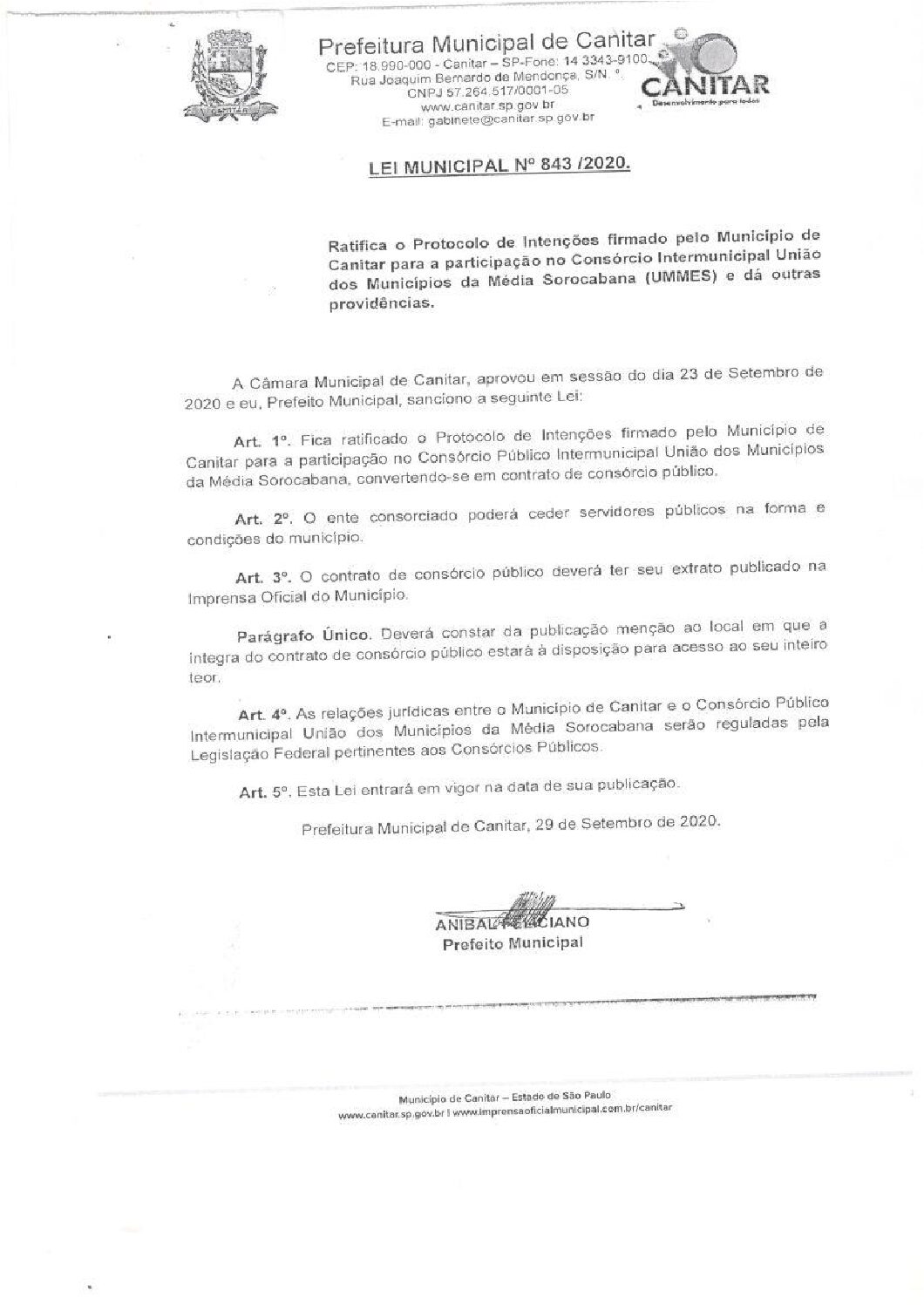 Leia mais sobre o artigo Lei Municipal nº 843-2020 – Ratifica o Protocolo de Intenções firmado pelo município de Canitar para a participação no Consórcio Intermunicipal União dos Municípios da Média Sorocabana.