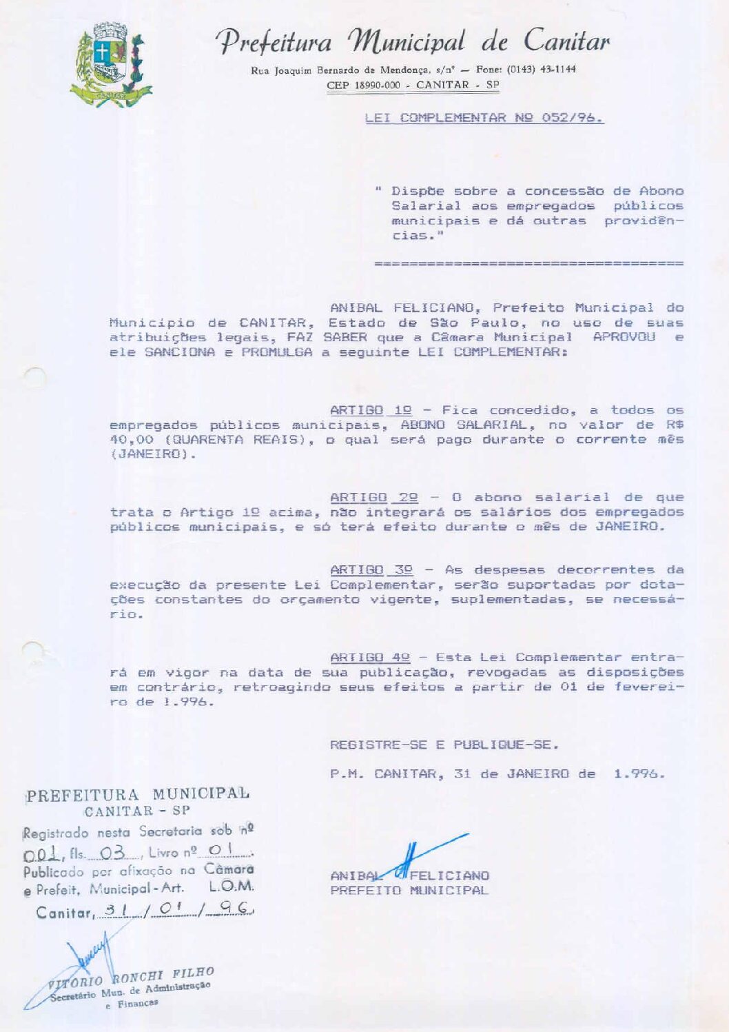 Leia mais sobre o artigo Lei Complementar nª 52 1996   Dispõe sobre concessão de abono salarial aos empregados públicos municipais.