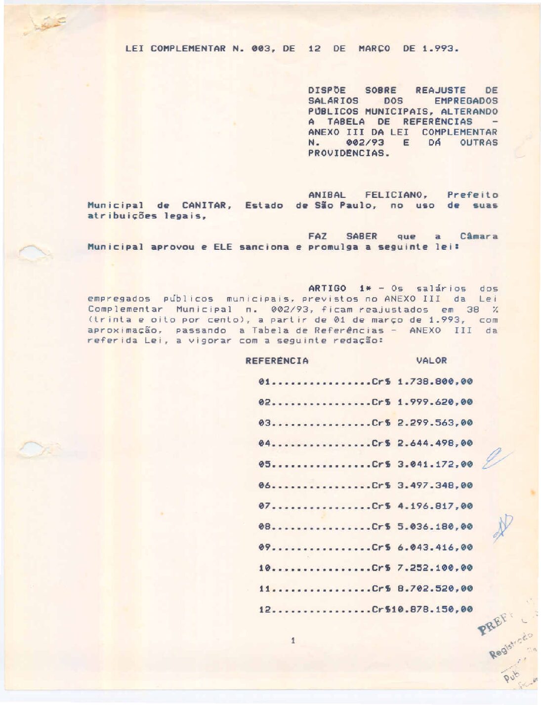 Leia mais sobre o artigo Lei Complementar nº 03 1993   Dispõe sobre reajuste de salários dos Empregados Públicos Municipal.