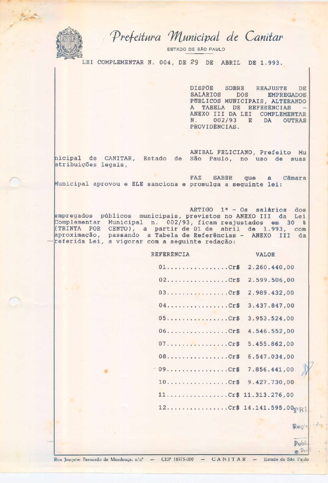 Leia mais sobre o artigo Lei Complementar nº 04 1993   Dispõe sobre reajuste de salários dos Empregados Públicos Municipais.