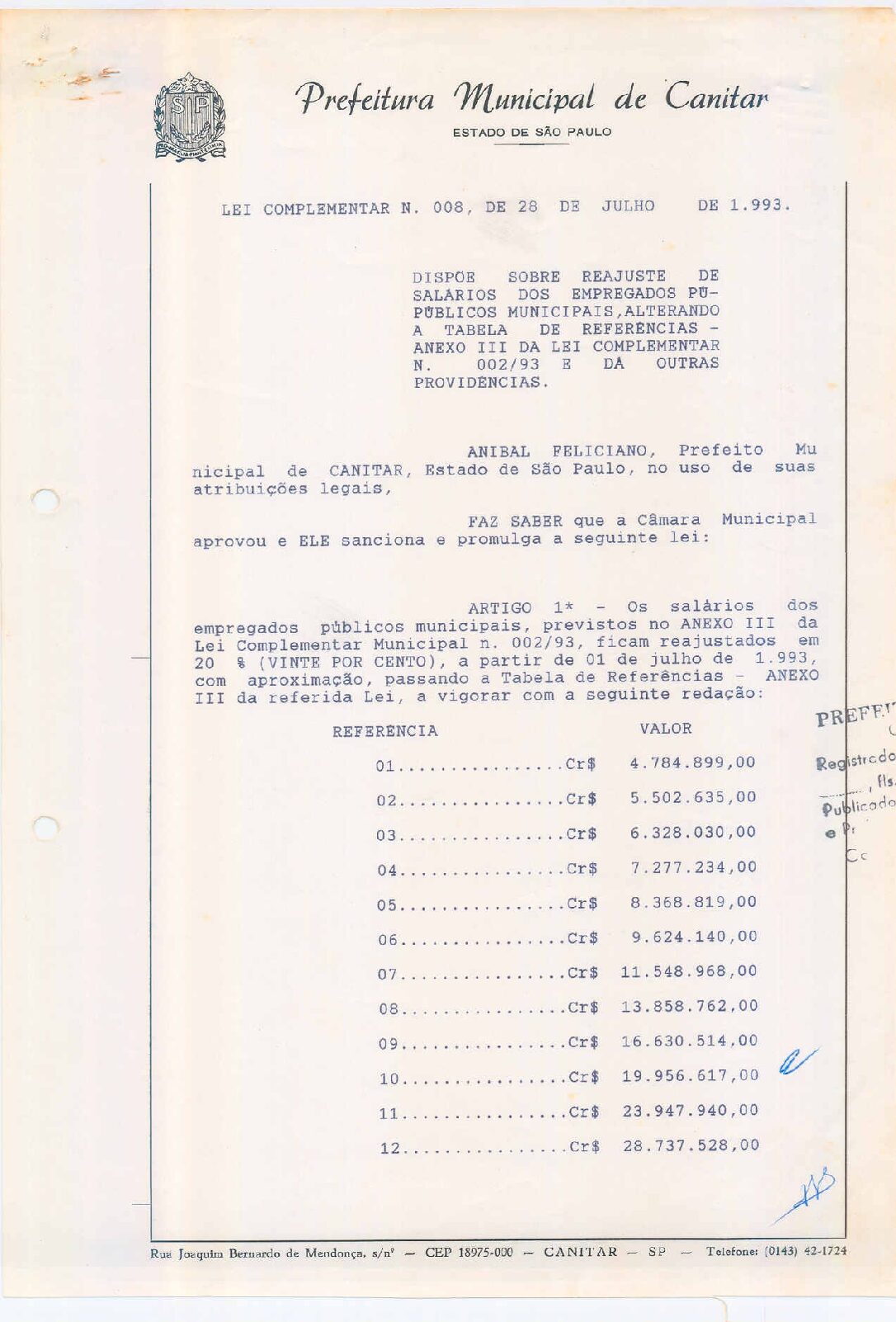 Leia mais sobre o artigo Lei Complementar nº 08 1993   Dispõe sobre reajuste de salários dos Empregados Públicos Municipais.