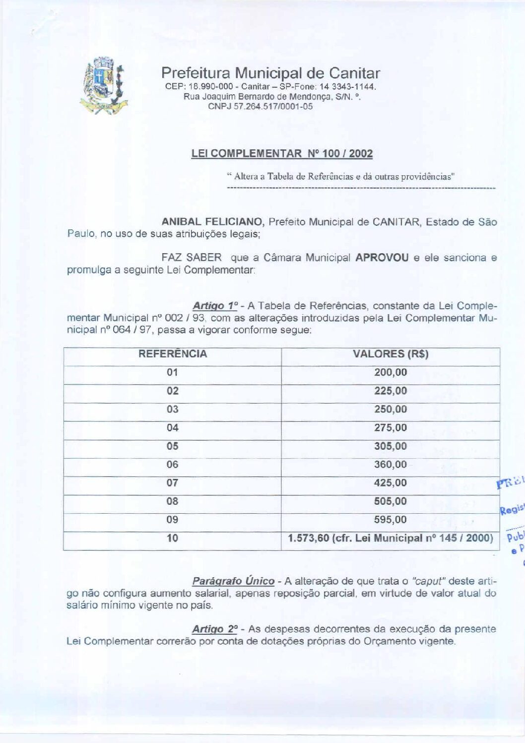 Leia mais sobre o artigo Lei Complementar nº 100 2002   Altera a Tabela de Referências.