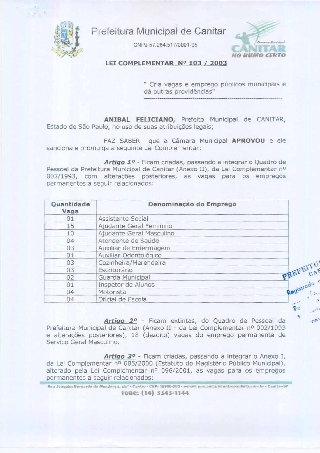 Leia mais sobre o artigo Lei Complementar nº 103 2002   Cria vagas e empregos públicos municipais.