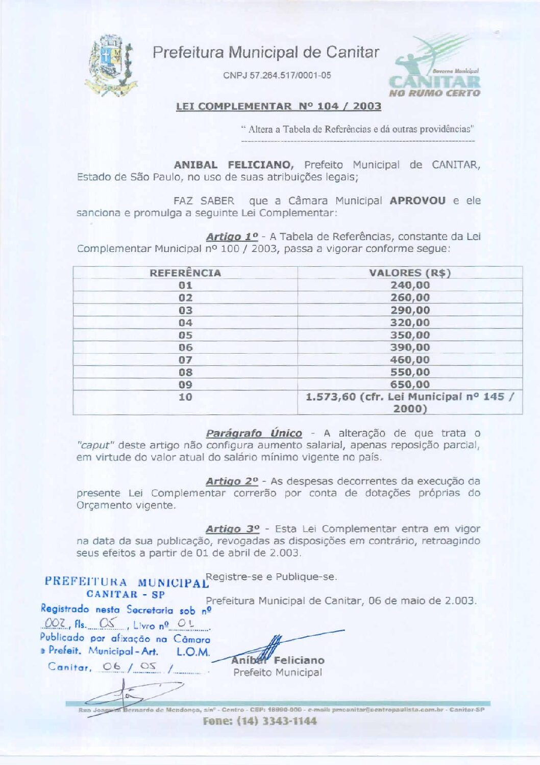 Leia mais sobre o artigo Lei Complementar nº 104 2002   Altera a Tabela de Referências.
