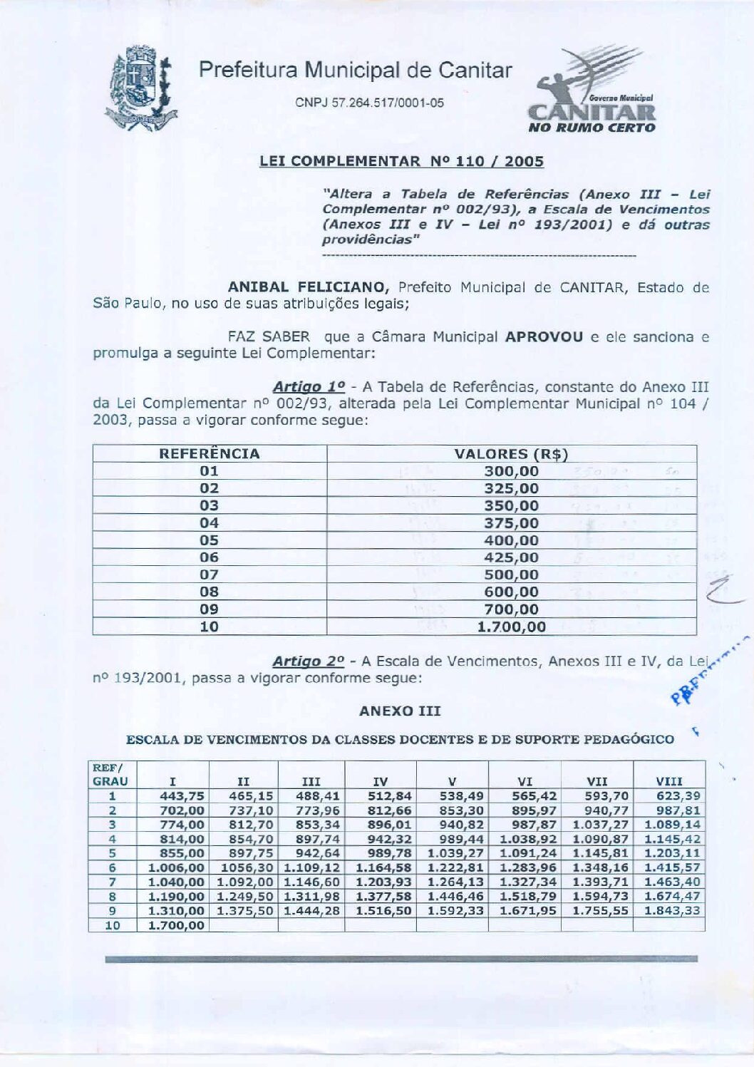 Leia mais sobre o artigo Lei Complementar nº 110 2005   Altera a Tabela de Referências (Anexo III   Lei Complementar nº 02 93), a Escala de Vencimentos (Anexos III e IV   Lei nº 193 2001).