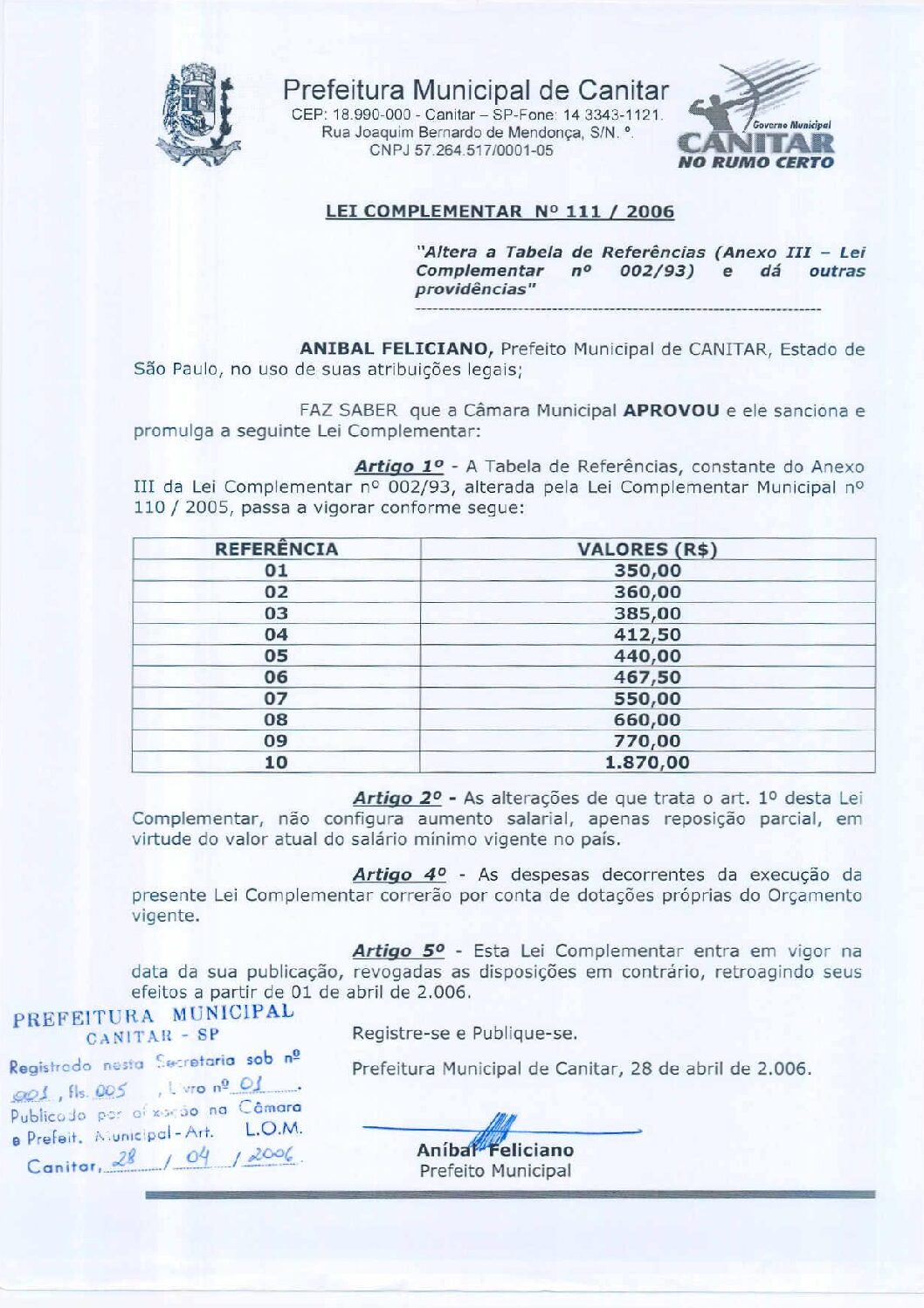 Leia mais sobre o artigo Lei Complementar nº 111 2006   Altera a Tabela de Referências (Anexo III   Lei Complementar nº 02 93).