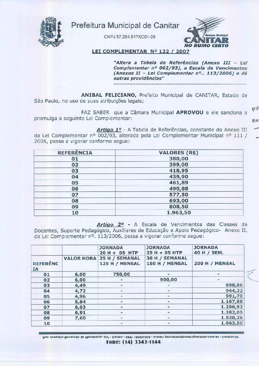 Leia mais sobre o artigo Lei Complementar nº 122 2007   Altera Tabela de Referências e Escala de Vencimentos.