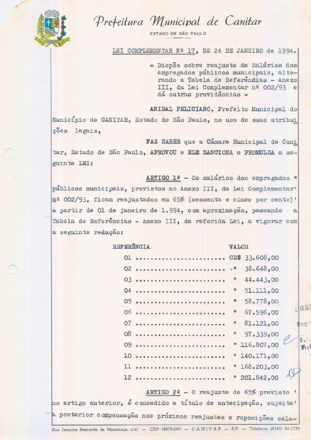 Leia mais sobre o artigo Lei Complementar nº 17 1994   Dispõe sobre reajuste de salários dos empregados públicos municipais.