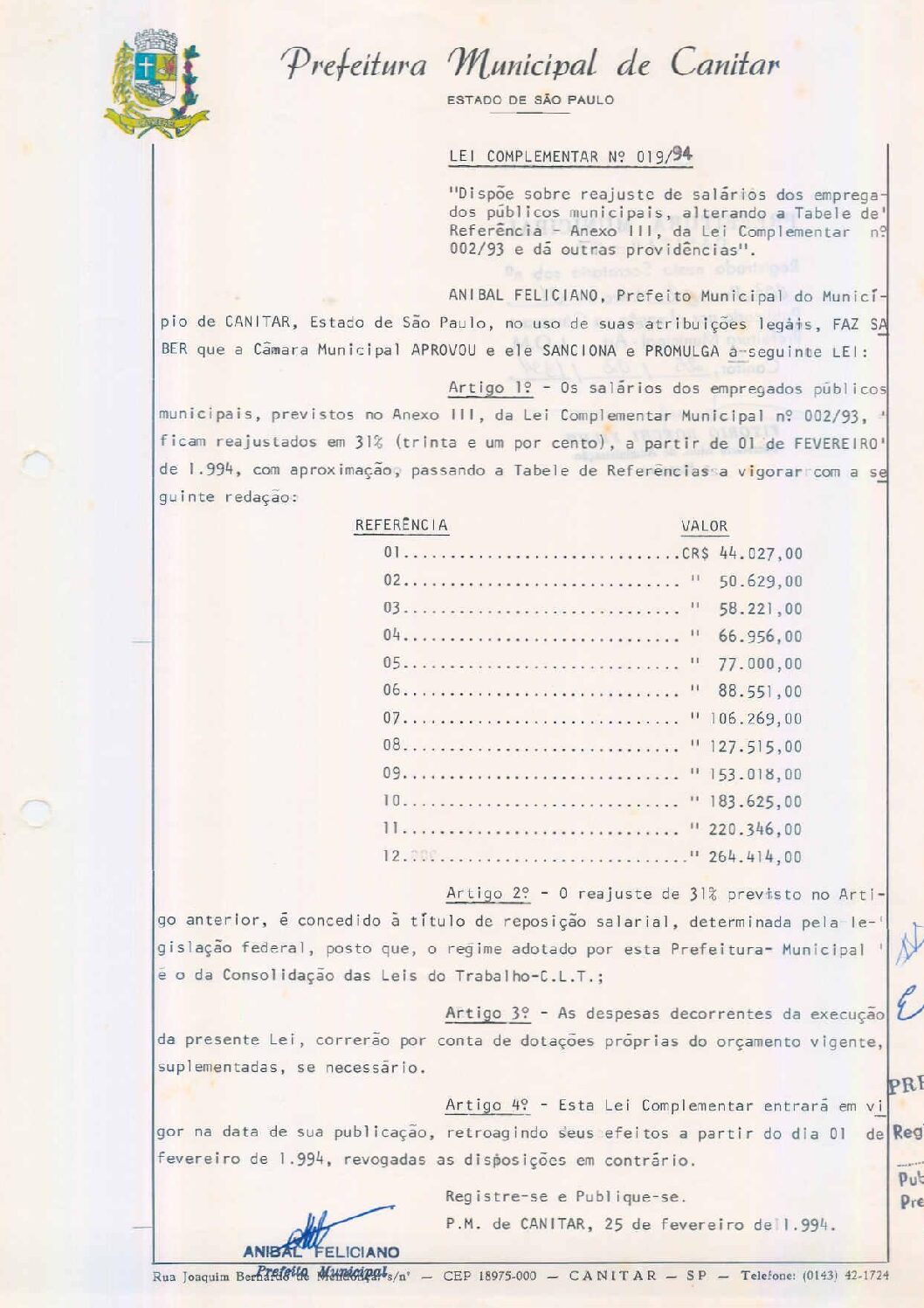 Leia mais sobre o artigo Lei Complementar nº 19 1994   Dispõe sobre reajuste de salários dos empregados públicos municipais.