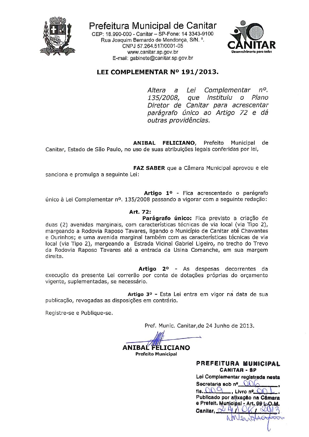 Leia mais sobre o artigo Lei Complementar nº 191 2013   Altera a Lei Complementar nº 135 2008, Plano Diretor de Canitar.