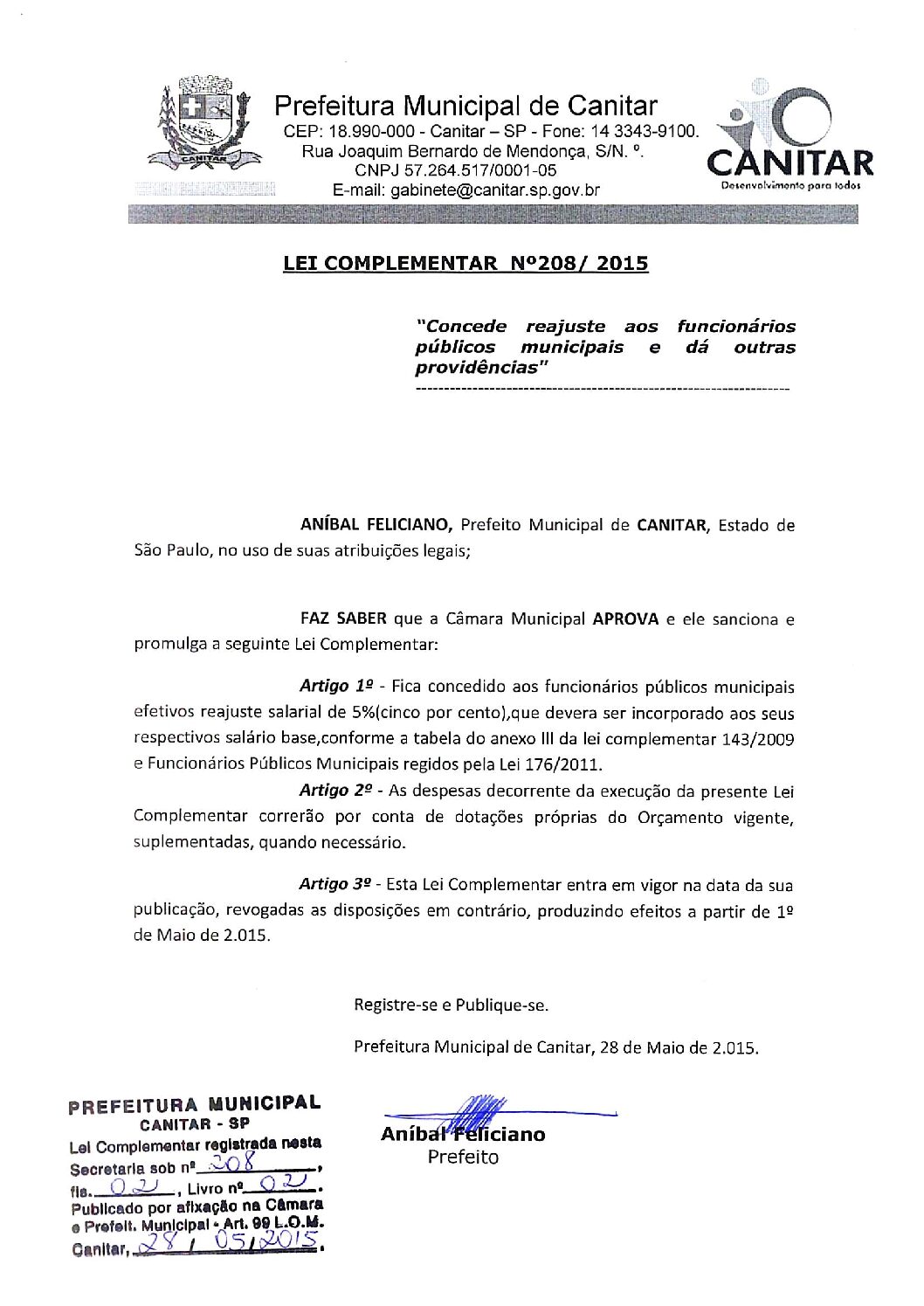 Leia mais sobre o artigo Lei Complementar nº 208 2015   Concede reajuste aos funcionários públicos municipais.