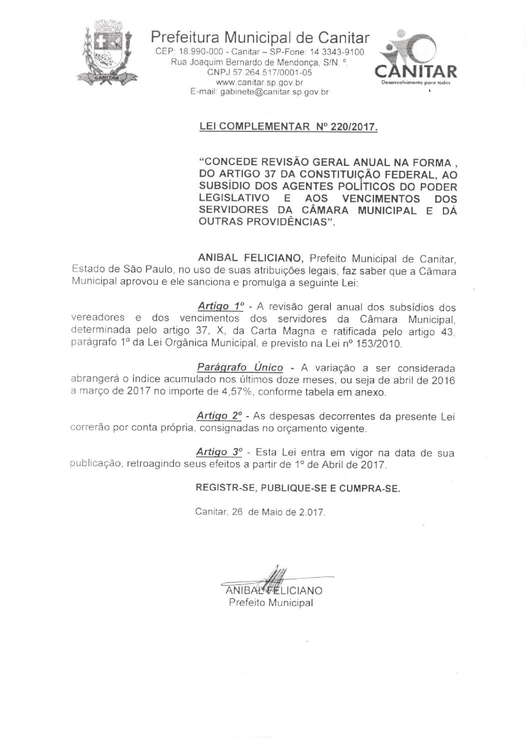 Leia mais sobre o artigo Lei Complementar nº 220 2017   Concede Revisão Geral aos Agentes Políticos e Servidores da Câmara Municipal de Canitar.