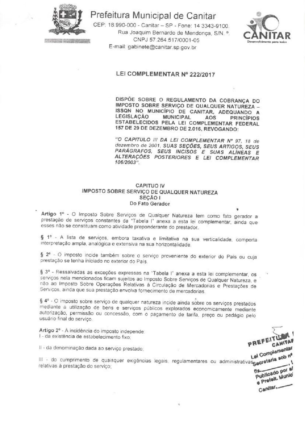Leia mais sobre o artigo Lei Complementar nº 222 2017   Dispõe sobre o Regulamento da cobrança do Imposto Sobre Serviço de Qualquer Natureza   ISSQN no município de Canitar.