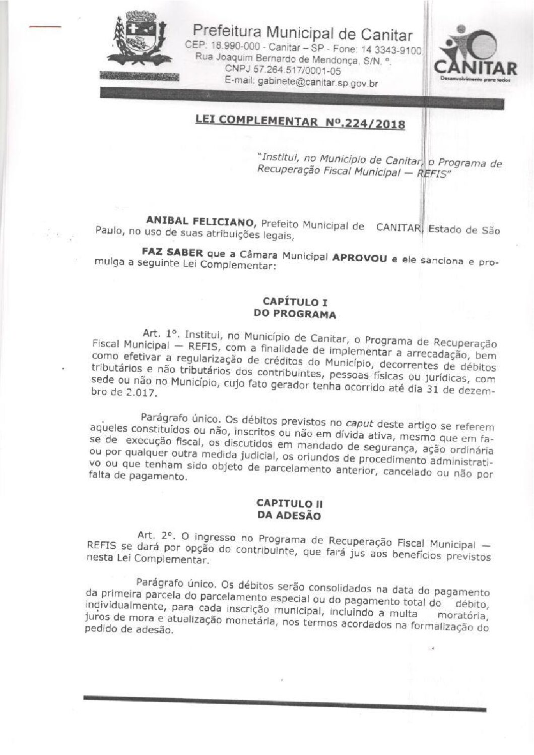Leia mais sobre o artigo Lei Complementar nº 224 2018   Institui, no município de Canitar, o Programa de Recuperação Fiscal Municipal   REFIS.