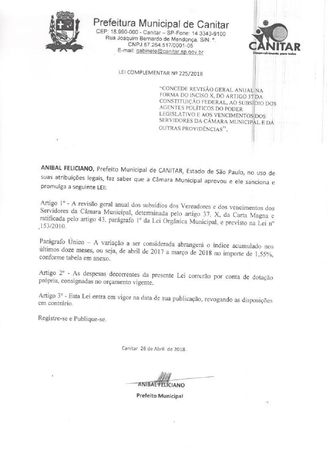 Leia mais sobre o artigo Lei Complementar nº 225 2018   Concede Revisão Geral aos Agentes Políticos e Servidores da Câmara Municipal de Canitar.