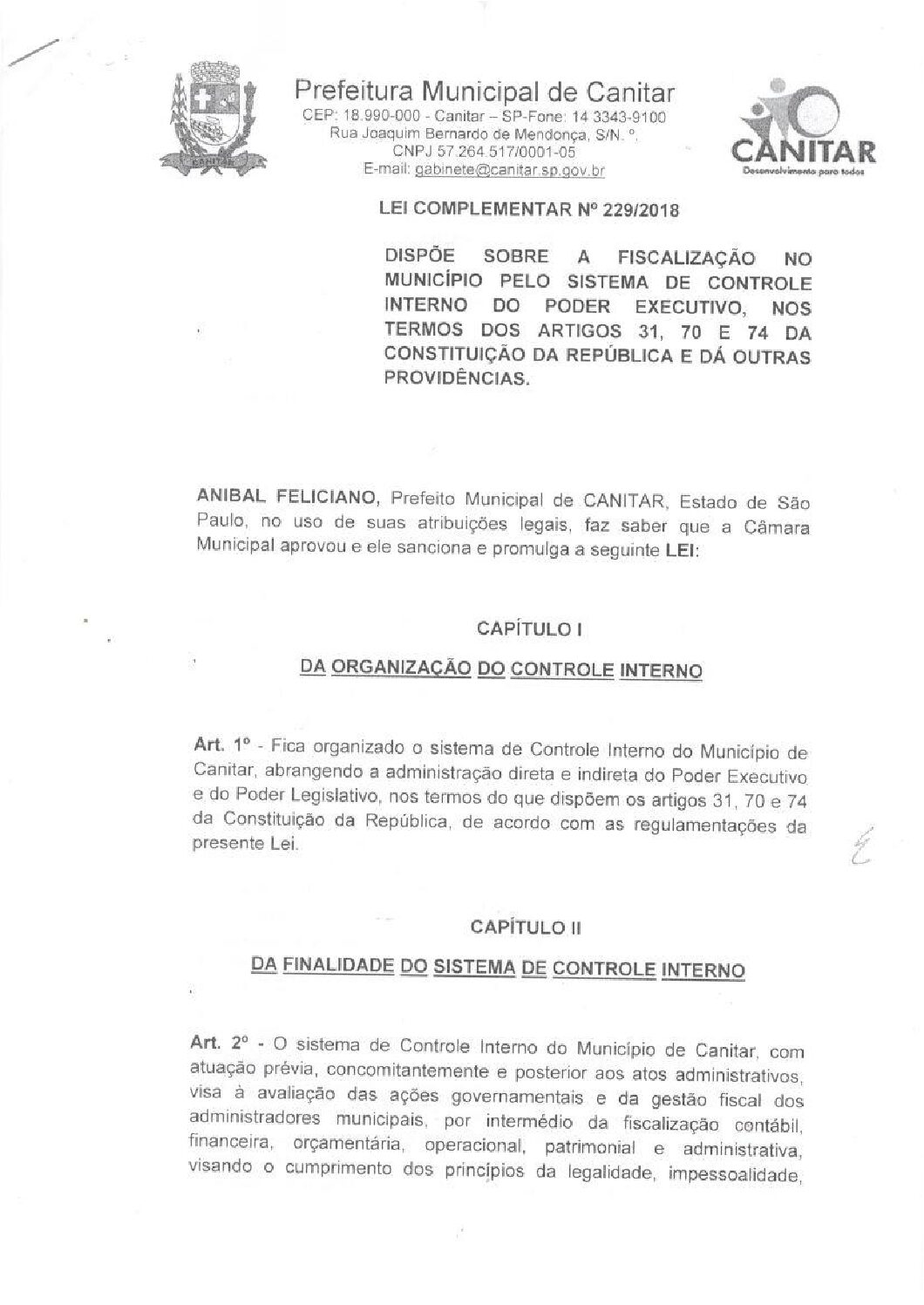 Leia mais sobre o artigo Lei Complementar nº 229 2018   Dispõe sobre a Fiscalização no município pelo sistema de controle interno do Poder Executivo.