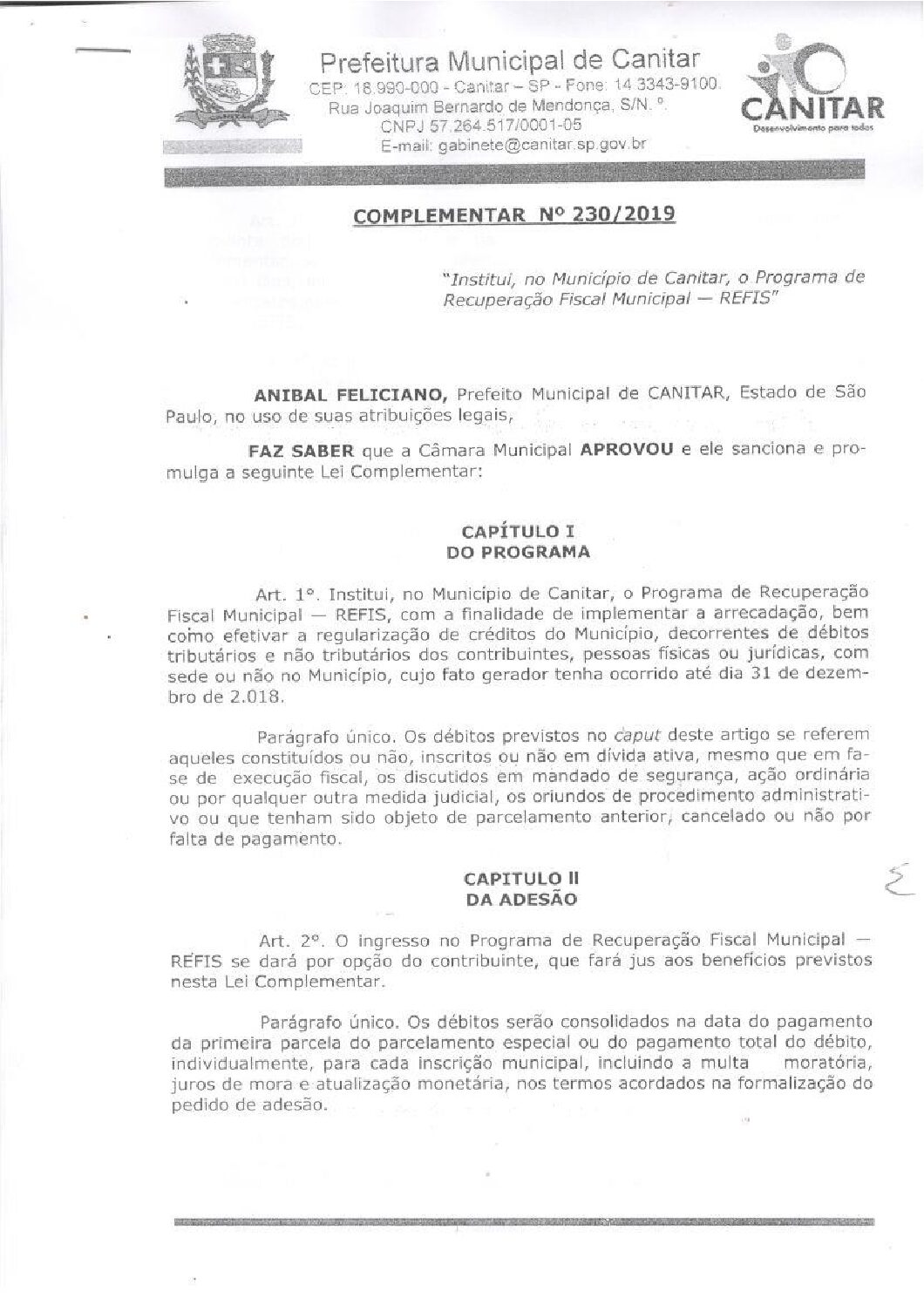 Leia mais sobre o artigo Lei Complementar nº 230 2019   Institui, no Município de Canitar, o Programa de Recuperação Fiscal Municipal   REFIS.
