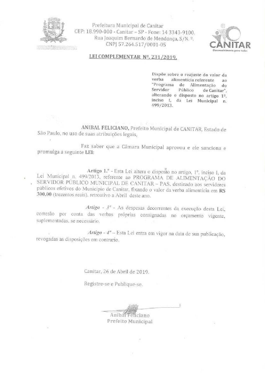 Leia mais sobre o artigo Lei Complementar nº 231 2019   Dispõe sobre o reajuste do valor da verba alimentícia referente ao Programa de Alimentação do Servidor Público de Canitar.