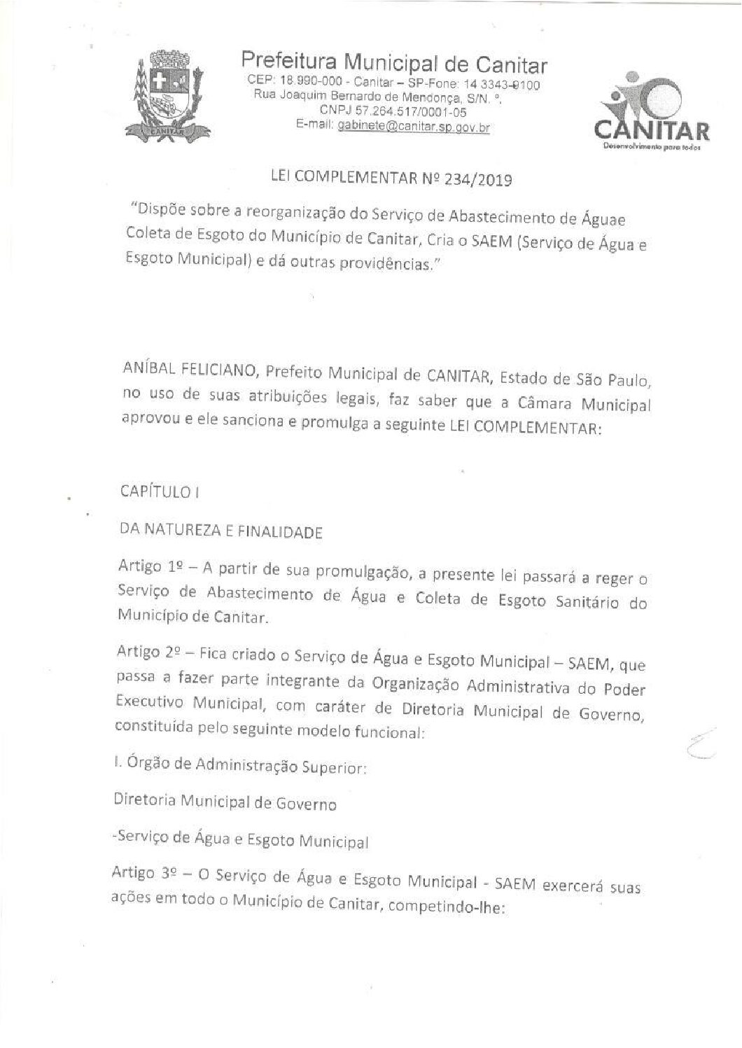 Leia mais sobre o artigo Lei Complementar nº 234 2019   Dispõe sobre a criação do SAEM.