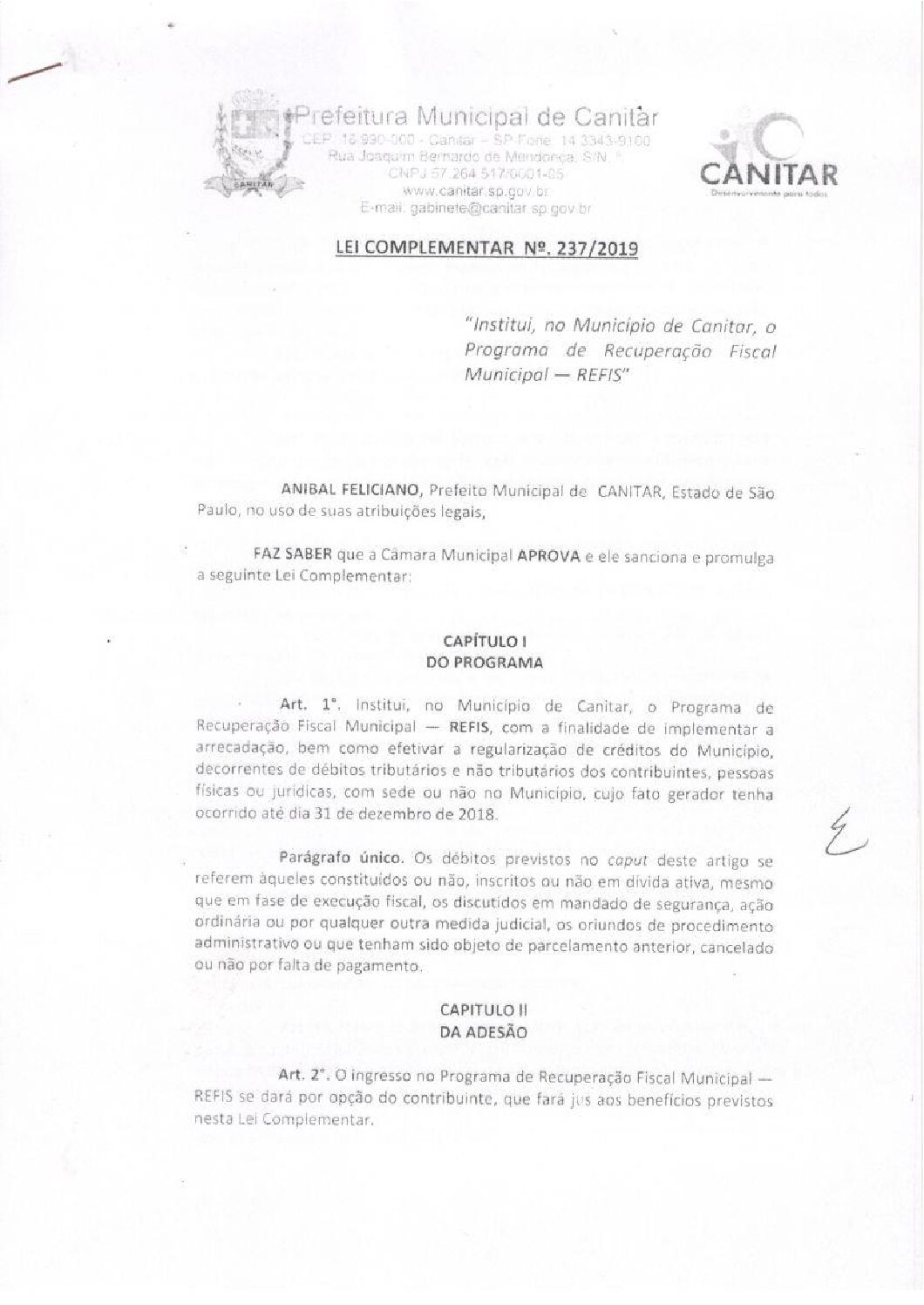 Leia mais sobre o artigo Lei Complementar nº 237 2019   Institui, no município de Canitar, o Programa de Recuperação Fiscal Municipal   REFIS.