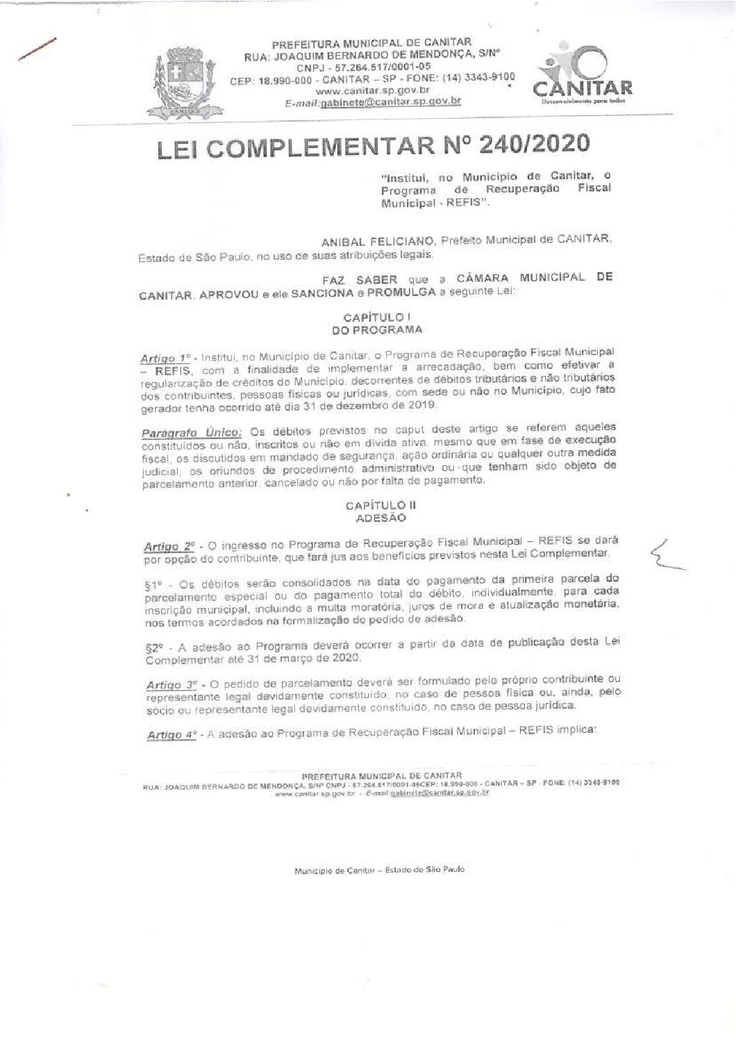 Leia mais sobre o artigo Lei Complementar nº 240 2020   Institui, no município de Canitar, o Programa de Recuperação Fiscal Municipal   REFIS.