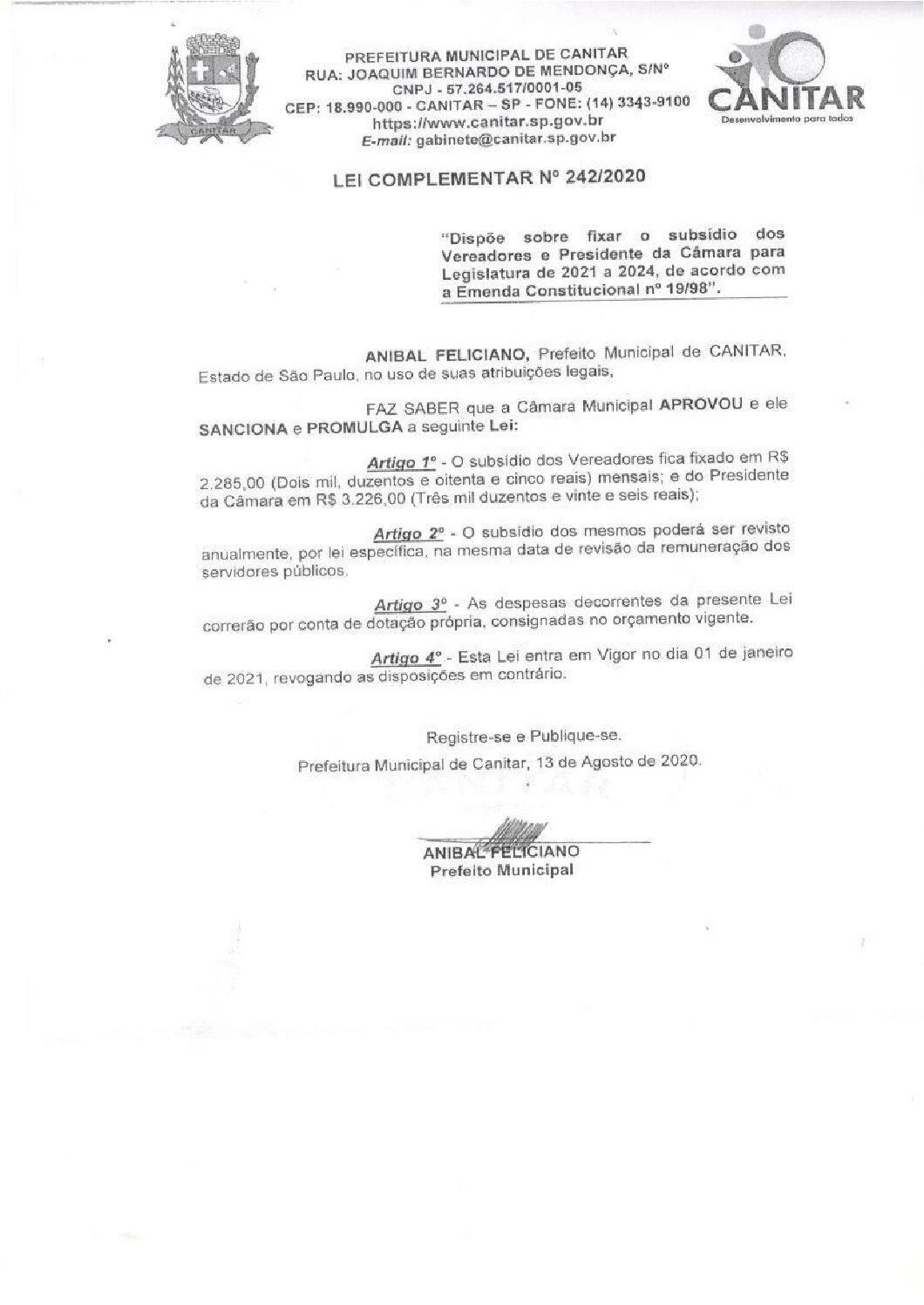 Leia mais sobre o artigo Lei Complementar nº 242 2020   Dispõe sobre fixar o subsídio dos Vereadores e Presidente da Câmara para Legislatura de 2021 a 2024.