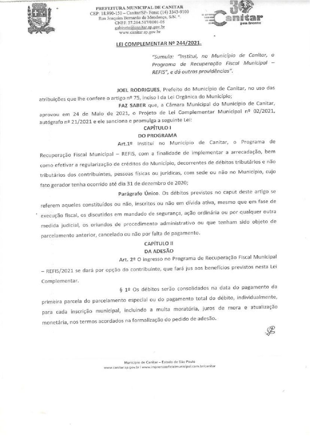 Leia mais sobre o artigo Lei Complementar nº 244 2021   Institui, no município de Canitar, o programa de Recuperação Fiscal Municipal   REFIS.