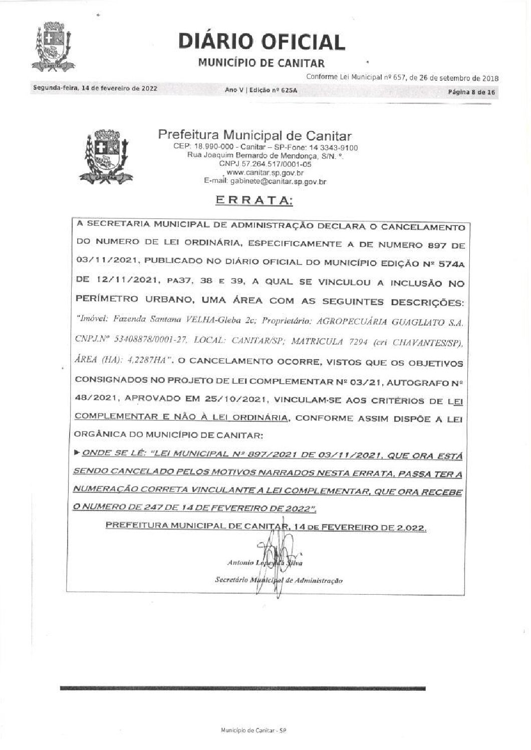 Leia mais sobre o artigo Lei Complementar nº 247 2022   Dispõe sobre  a Inclusão de áreas no perímetro urbano da sede do município de Canitar.