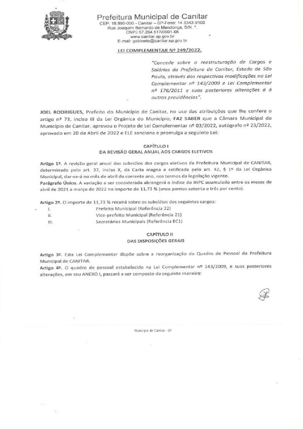 Leia mais sobre o artigo Lei Complementar nº 249 2022   Concede sobre a reestruturação de Cargos e Salários da Prefeitura de Canitar.