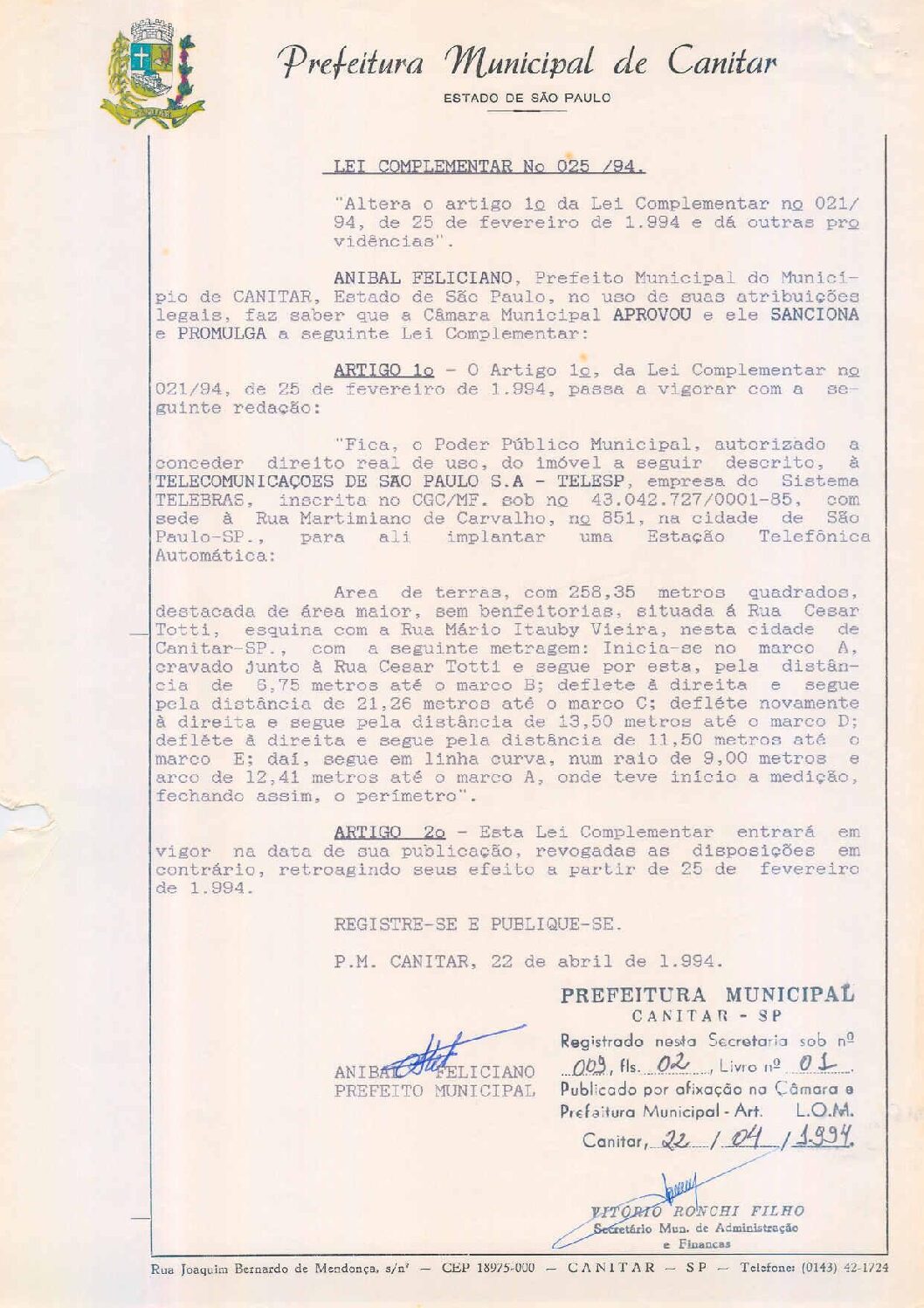 Leia mais sobre o artigo Lei Complementar nº 25 1994   Altera o artigo 1º da Lei Complementar nº 021 94.
