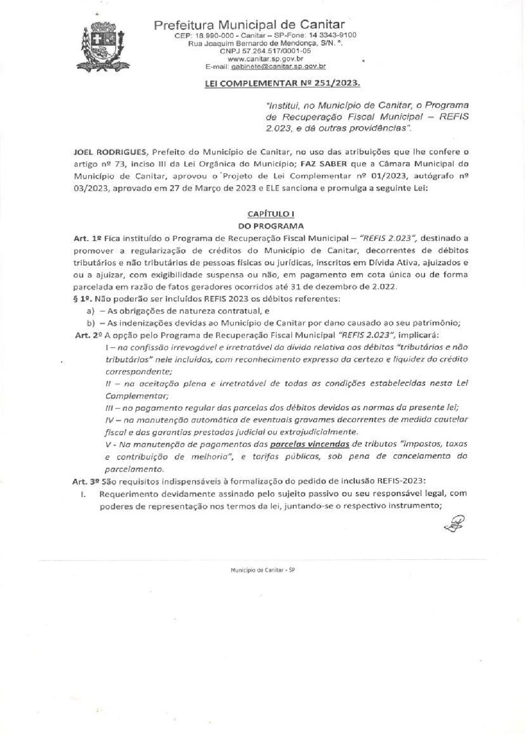 Leia mais sobre o artigo Lei Complementar nº 251 2023   Institui, no município de Canitar, o Programa de Recuperação Fiscal Municipal   REFIS.