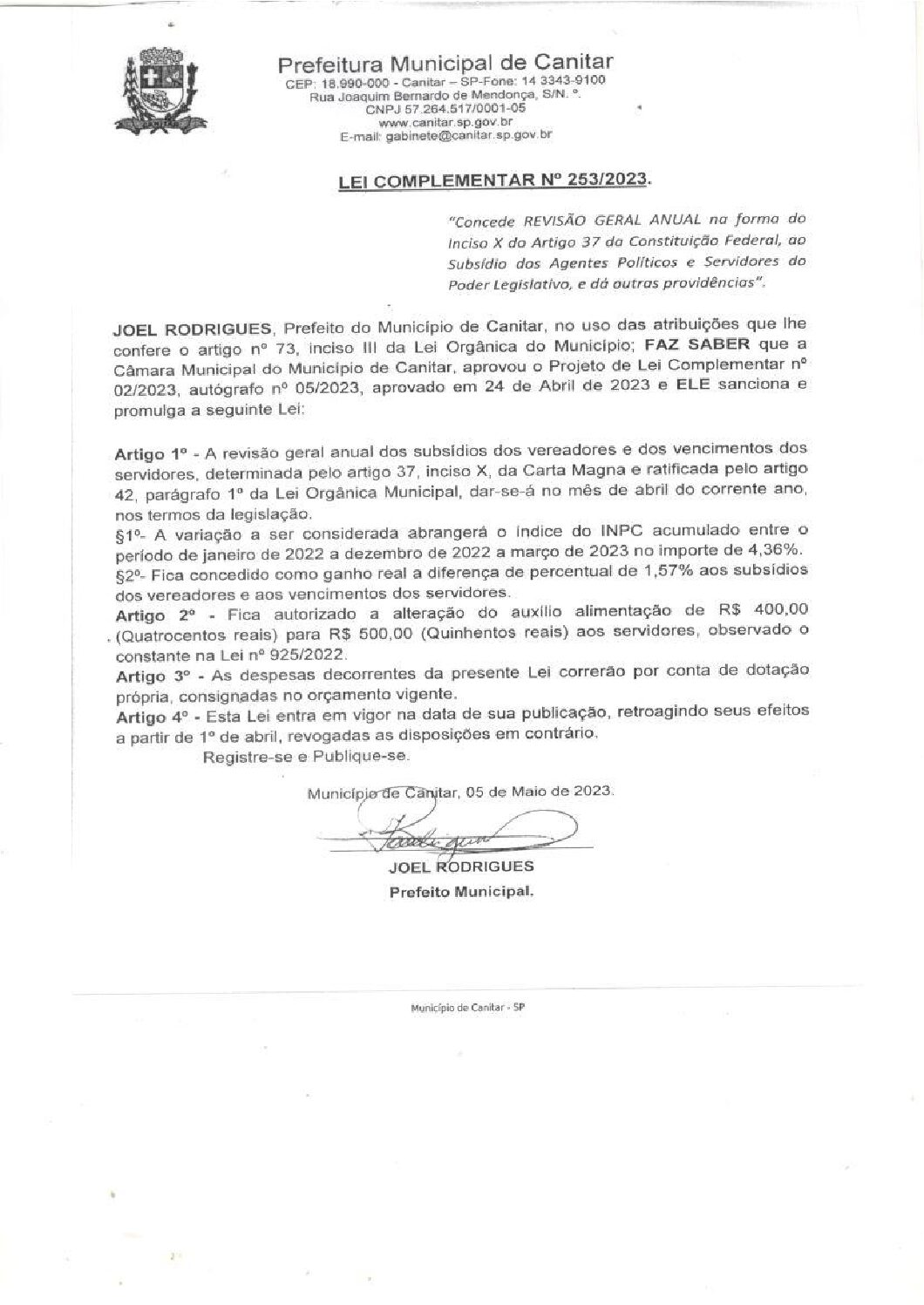 Leia mais sobre o artigo Lei Complementar nº 253 2023   Concede revisão geral anual aos Agentes Políticos e Servidores do Poder Legislativo.