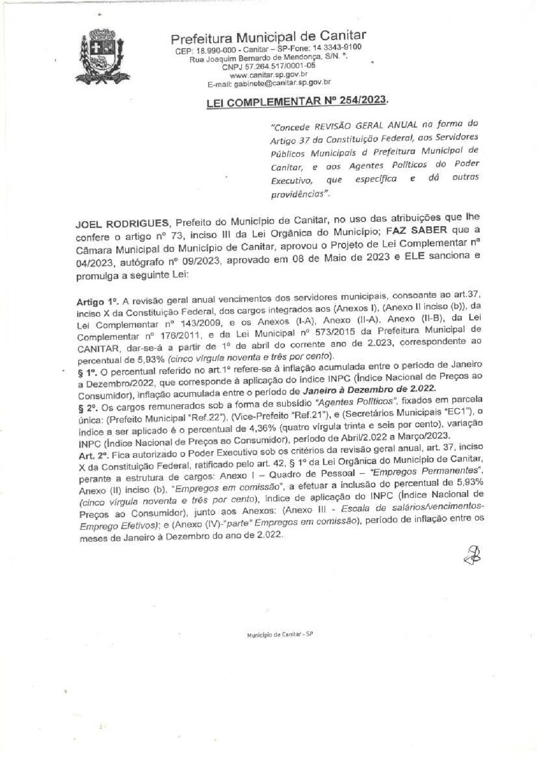 Leia mais sobre o artigo Lei Complementar nº 254 2023   Concede revisão geral anual aos Servidores Públicos Municipais e aos Agentes Políticos do Poder Executivo.