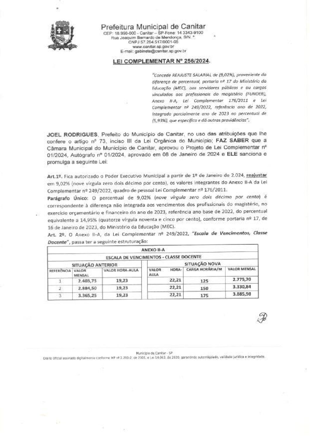 Leia mais sobre o artigo Lei Complementar nº 256 2024   Concede Reajuste Salarial de (9,02%) aos profissionais do magistério (FUNDEB).