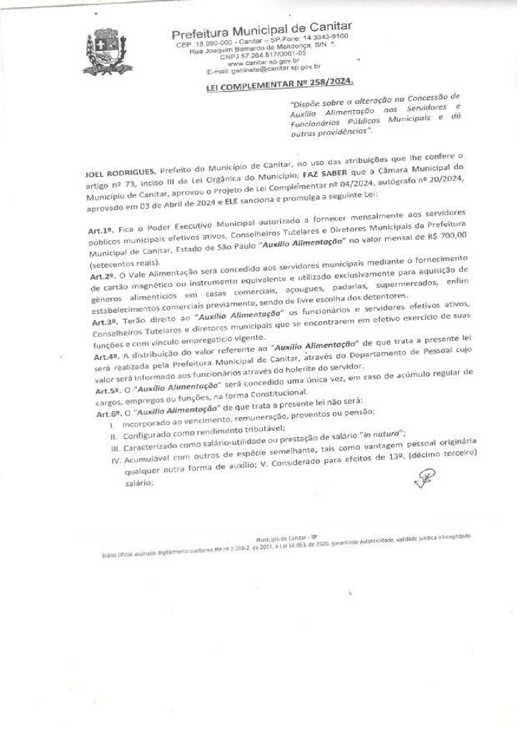 Leia mais sobre o artigo Lei Complementar nº 258 2024   Dispõe sobre a alteração na concessão de auxílio alimentação aos Servidores e Funcionários Públicos Municipais.