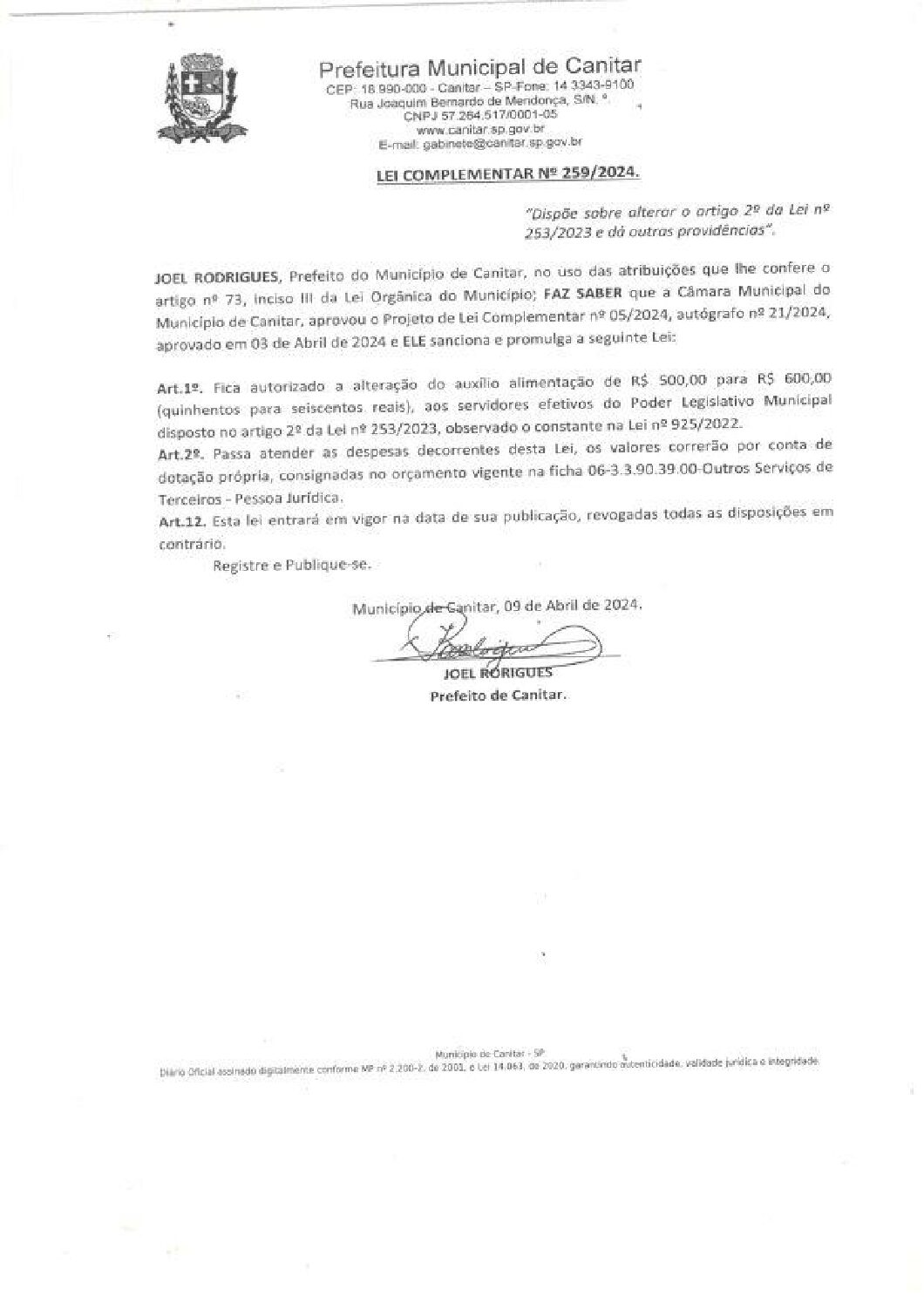 Leia mais sobre o artigo Lei Complementar nº 259 2024   Dispõe sobre alterar o artigo 2º da Lei nº 253 2023.