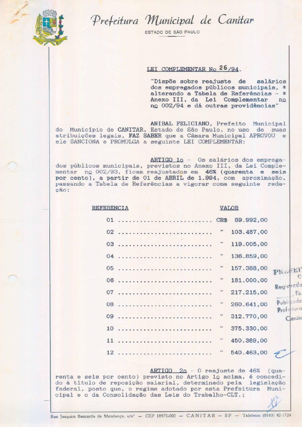 Leia mais sobre o artigo Lei Complementar nº 26 1994   Dispõe sobre reajuste de salários dos empregados públicos municipais.
