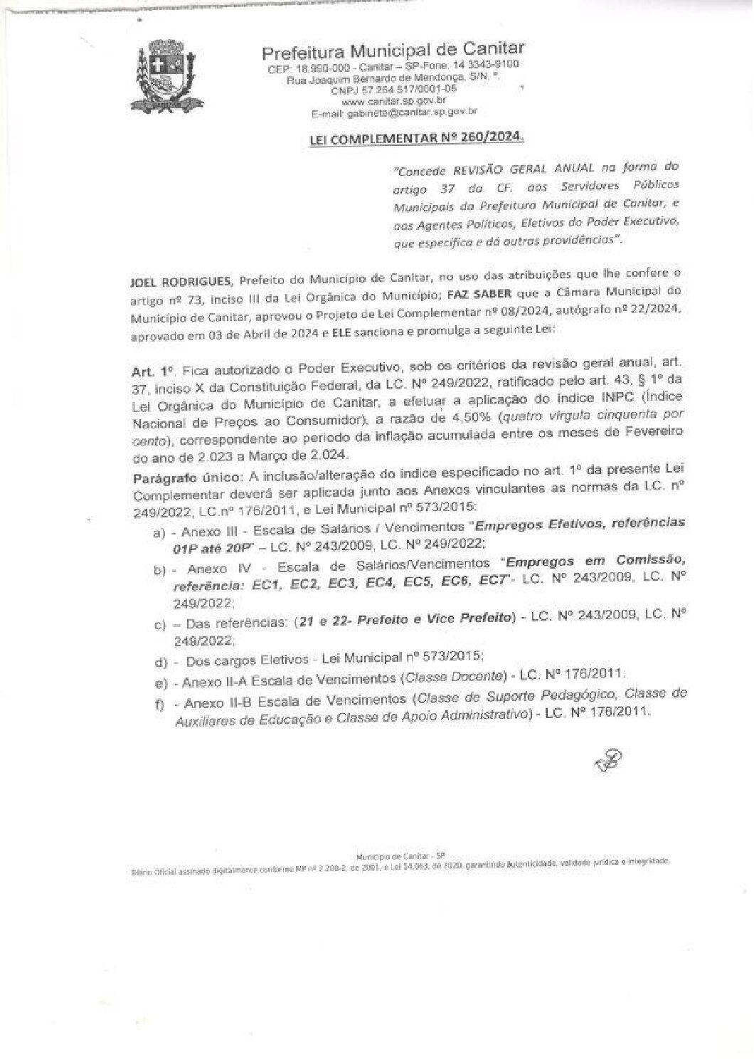 Leia mais sobre o artigo Lei Complementar nº 260 2024   Concede Revisão Geral Anual aos Servidores Públicos e Agentes Políticos da Prefeitura Municipal.