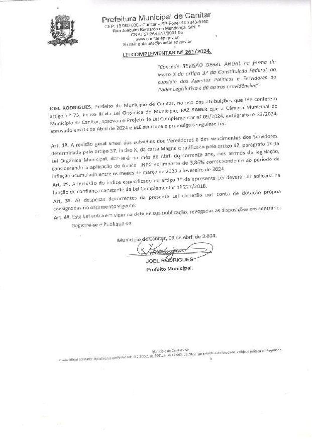 Leia mais sobre o artigo Lei Complementar nº 261 2024   Concede Revisão Geral Anual aos Agentes Políticos e Servidores do Poder Legislativo.