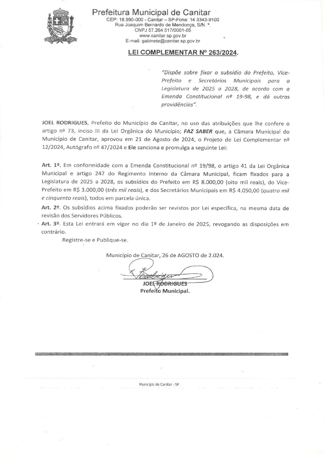 Leia mais sobre o artigo Lei Complementar nº 263 2024   Dispõe sobre fixar o subsídio do