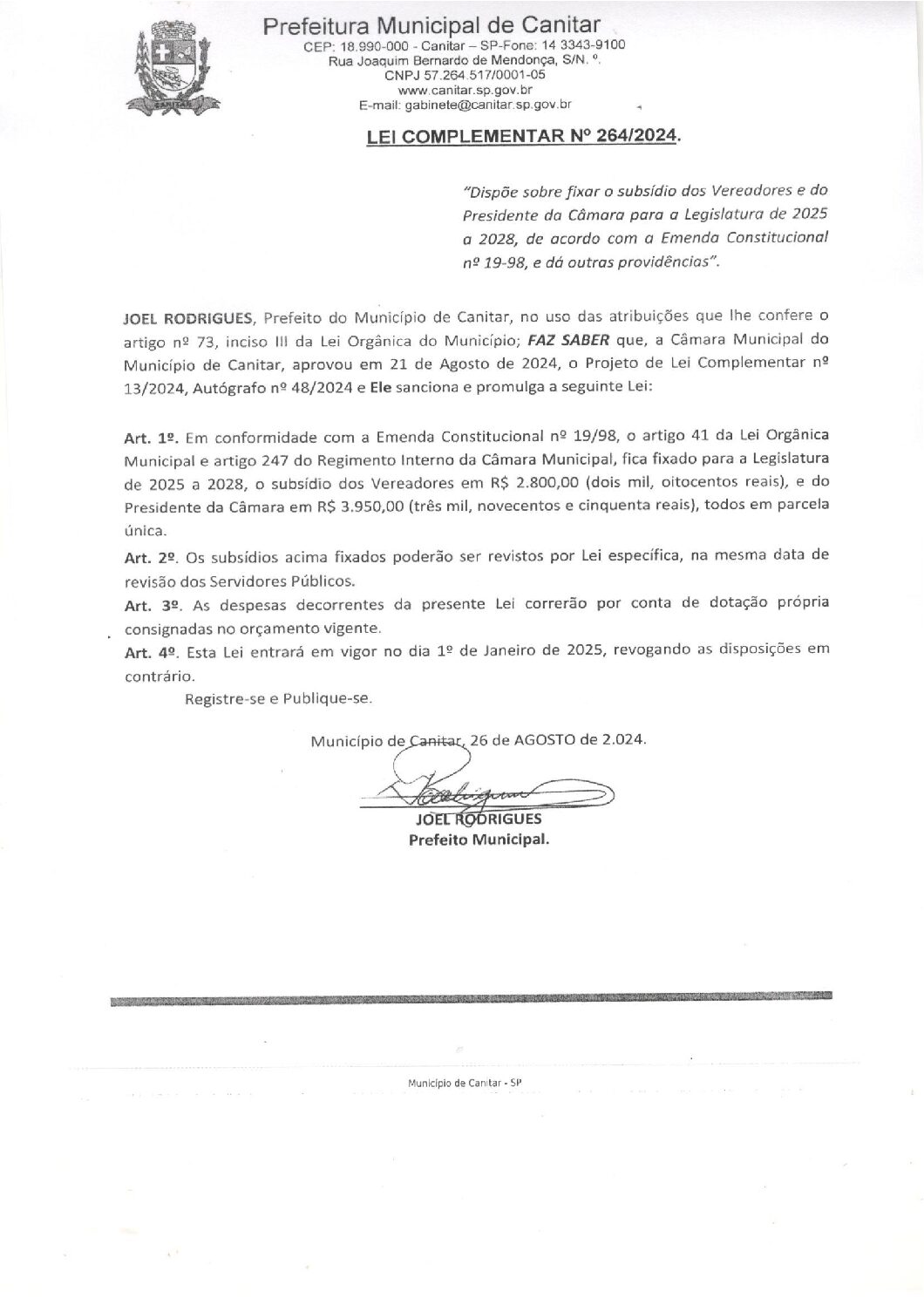 Leia mais sobre o artigo Lei Complementar nº 264 2024   Dispõe sobre fixar o subsídio do