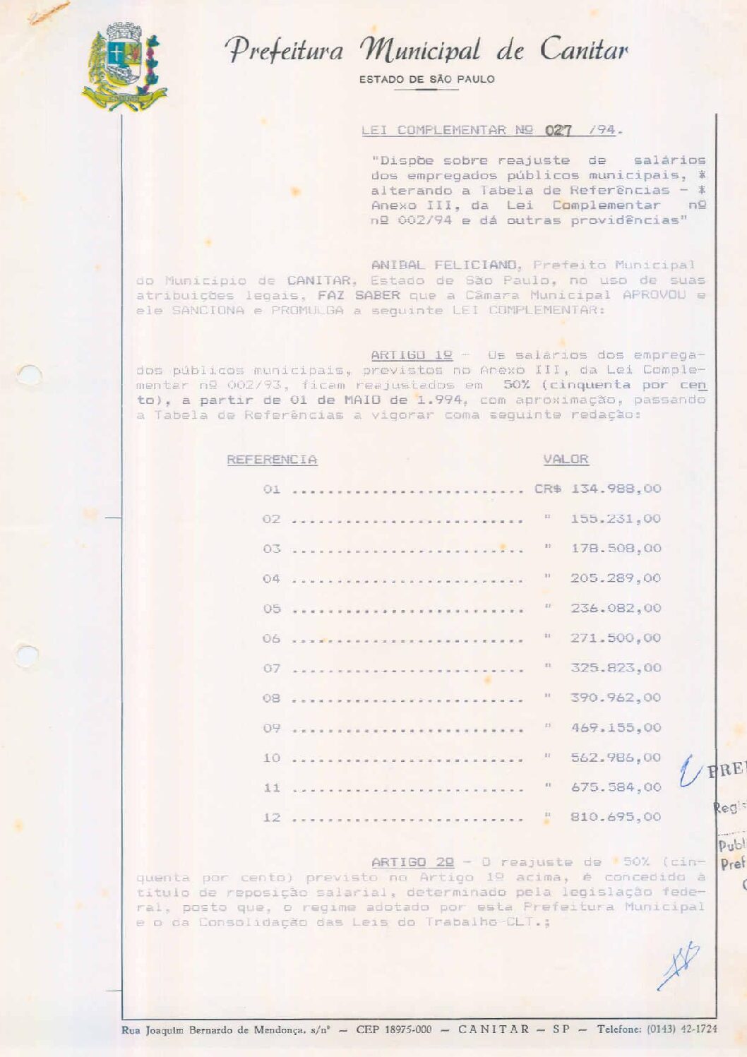 Leia mais sobre o artigo Lei Complementar nº 27 1994   Dispõe sobre reajuste de salários dos empregados públicos municipais.