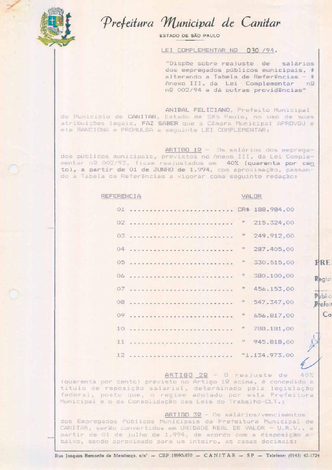 Leia mais sobre o artigo Lei Complementar nº 30 1994   Dispõe sobre reajuste de salários dos empregados públicos municipais.