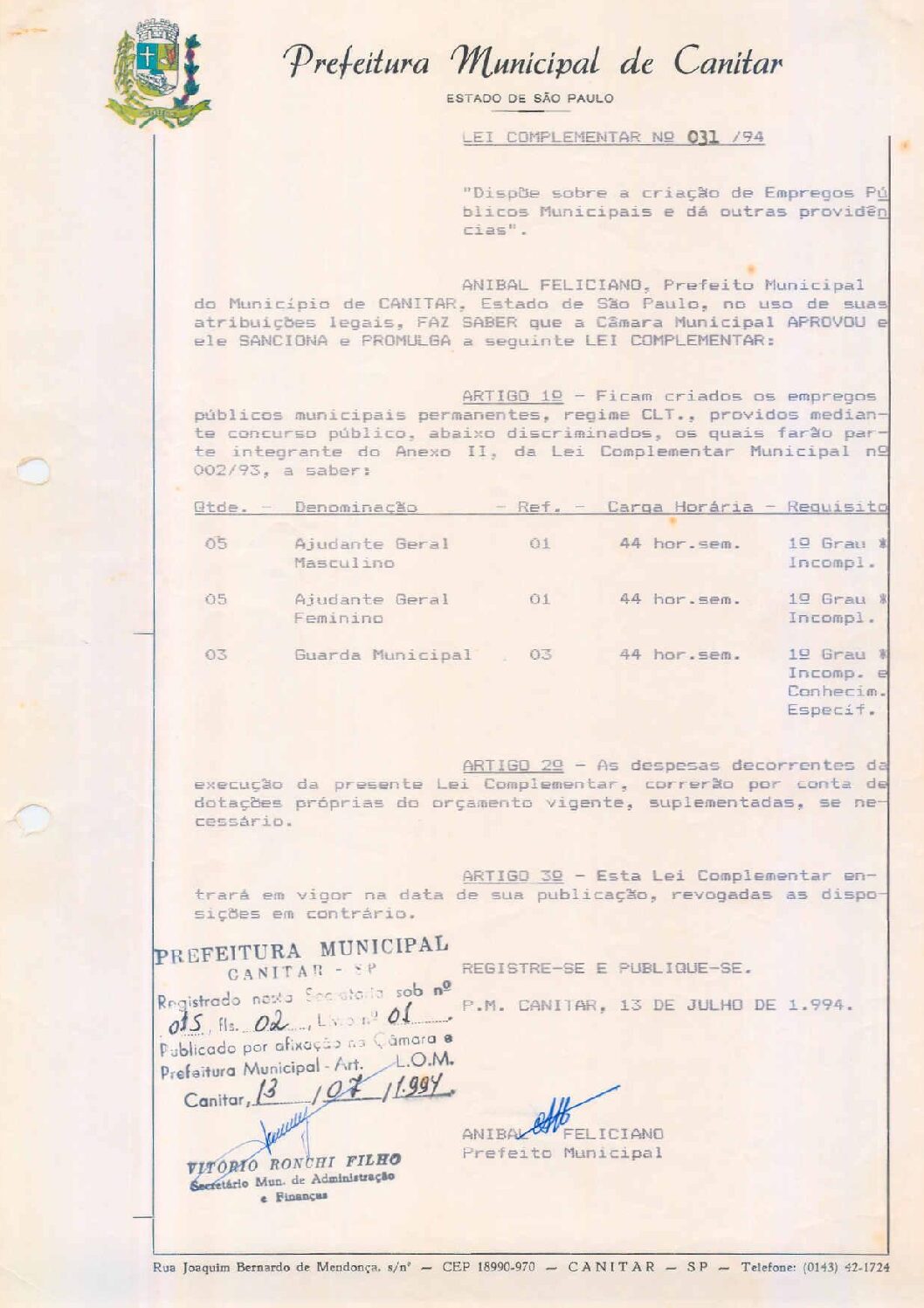 Leia mais sobre o artigo Lei Complementar nº 31 1994   Dispõe sobre a criação de empregos públicos municipais.