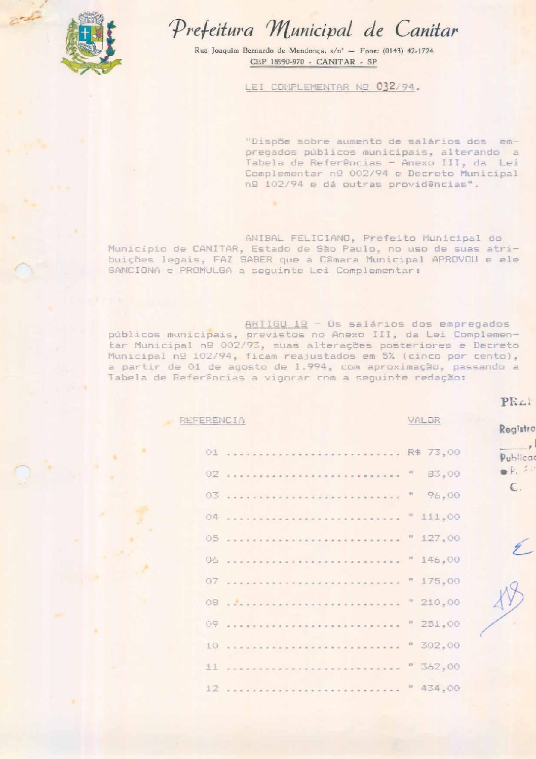 Leia mais sobre o artigo Lei Complementar nº 32 1994   Dispõe sobre aumento de salários dos empregados públicos municipais.