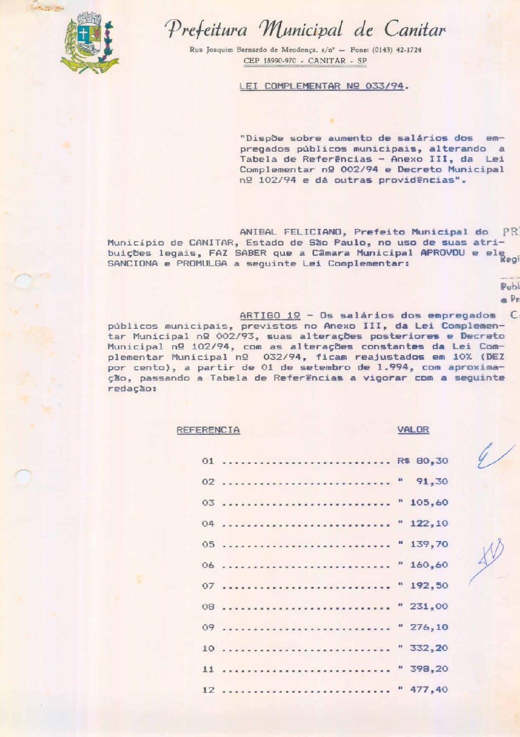 Leia mais sobre o artigo Lei Complementar nº 33 1994   Dispõe sobre aumento de salários dos empregados públicos municipais.