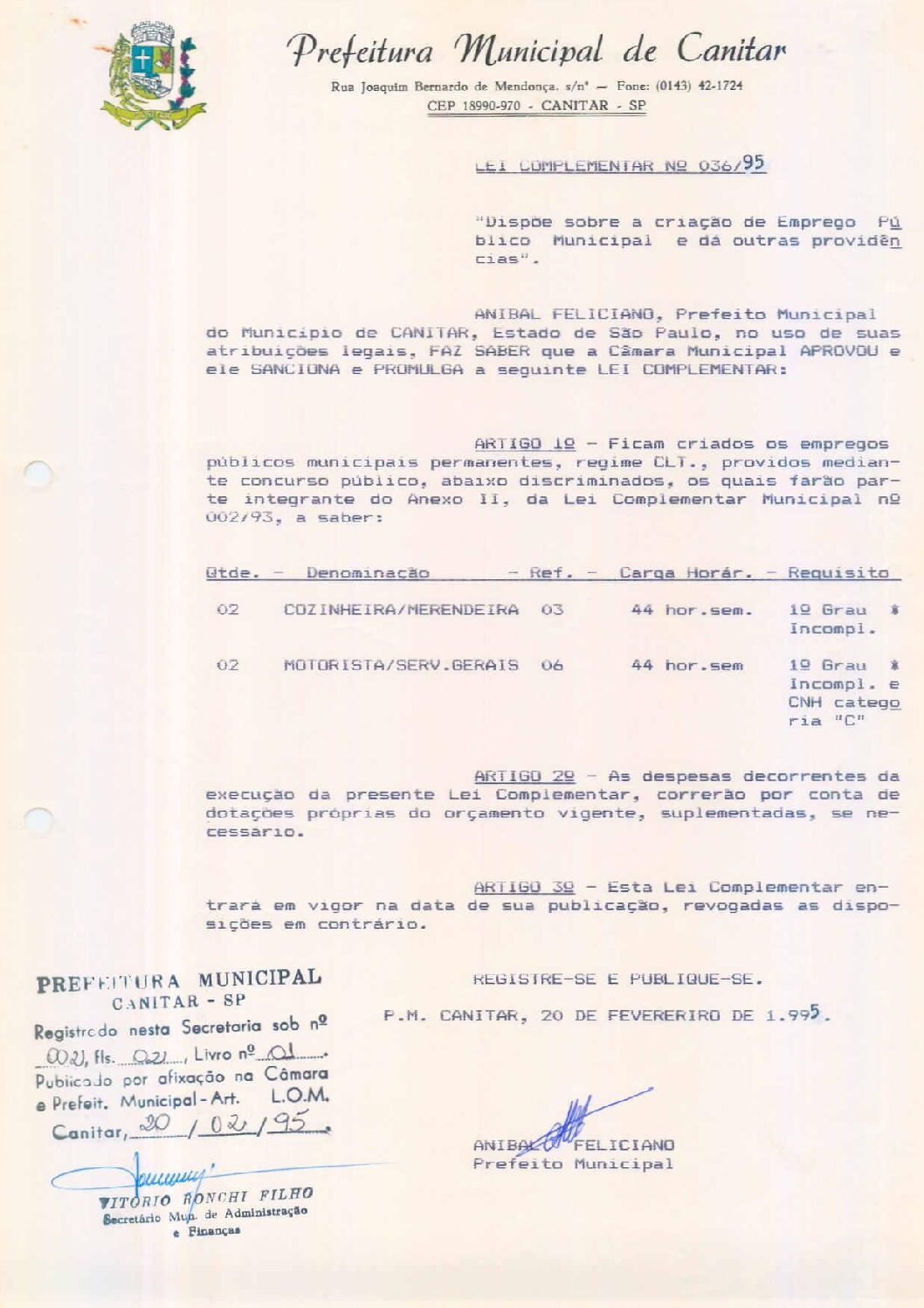Leia mais sobre o artigo Lei Complementar nº 36 1995   Dispõe sobre criação de emprego público municipal.