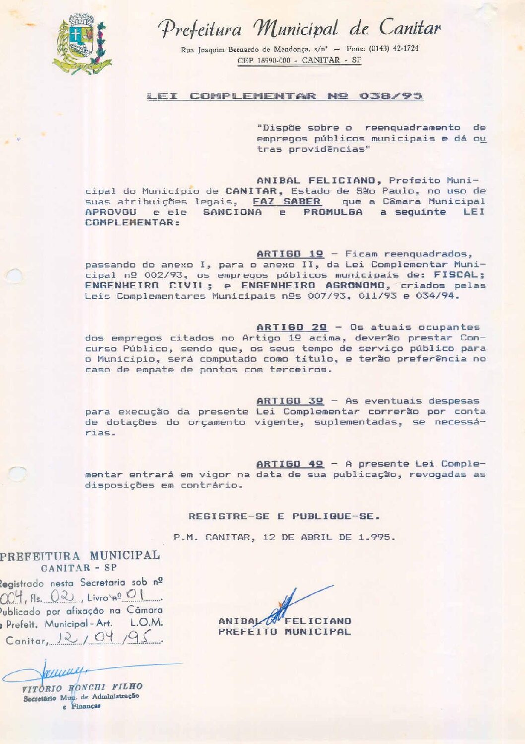 Leia mais sobre o artigo Lei Complementar nº 38 1995   Dispõe sobre o reenquadramento de empregos públicos municipais.