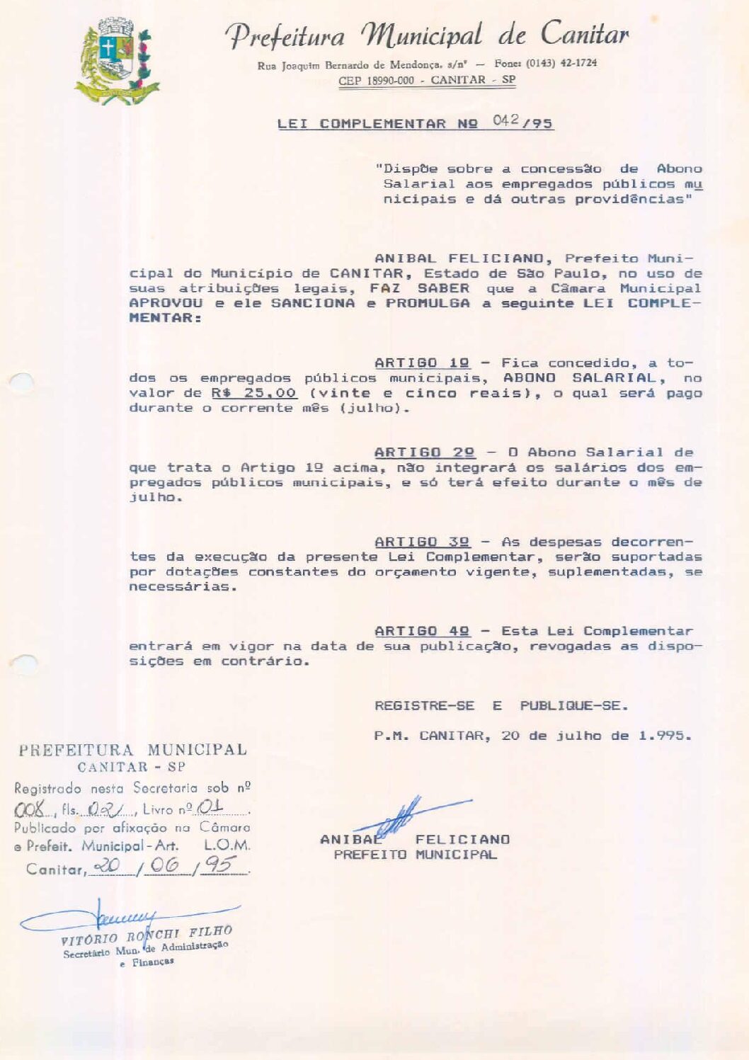 Leia mais sobre o artigo Lei Complementar nº 42 1995   Dispõe sobre a concessão de abono salarial aos empregados públicos municipais.