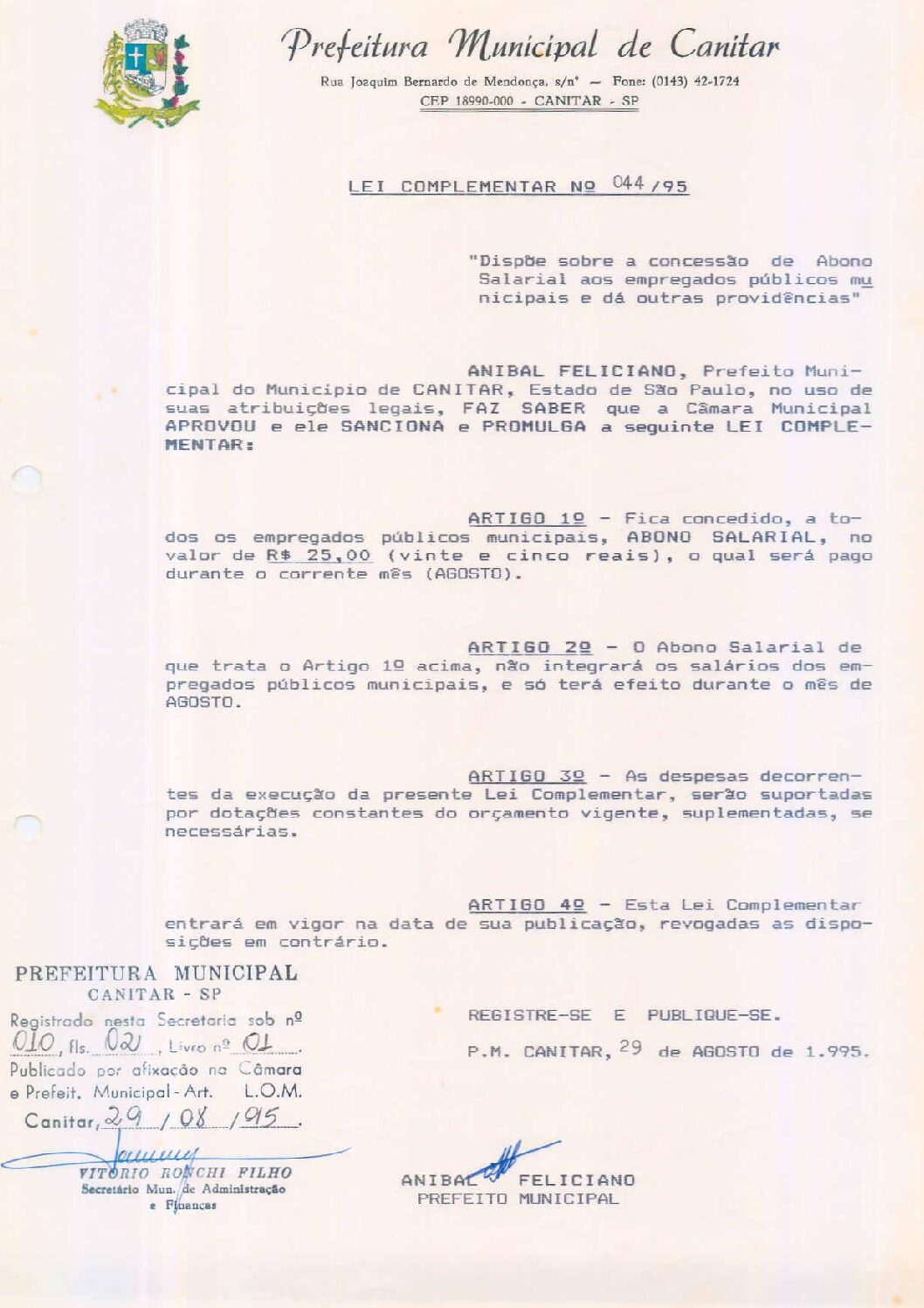 Leia mais sobre o artigo Lei Complementar nº 44 1995   Dispõe sobre a concessão de abono salarial aos empregados públicos municipais.